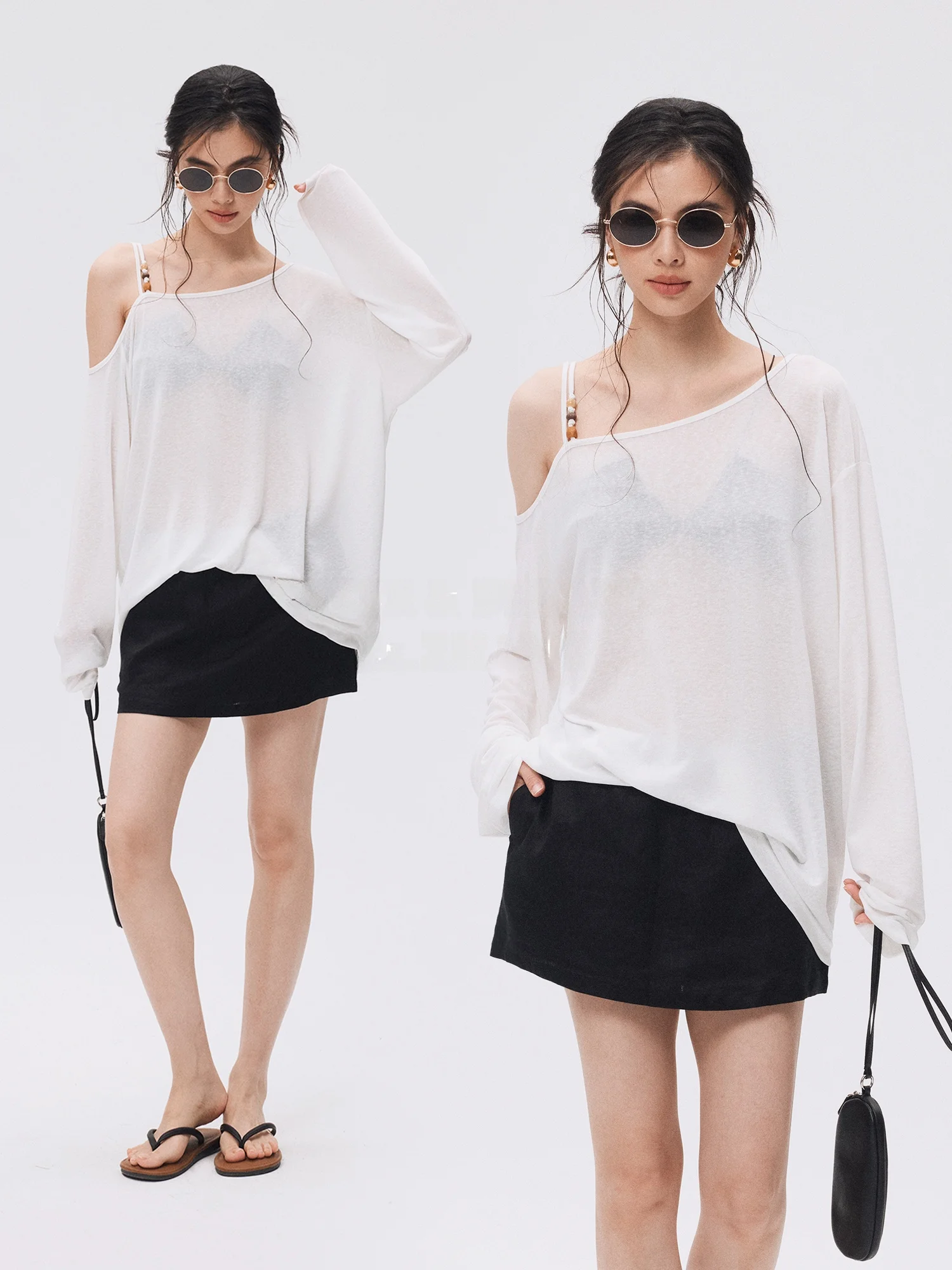 

ZzZHANG Casual Loose Fit Soft Lyocell Shoulder Bared Long Sleeve T Shirt Outer Cover for Women Summer Thin Polyester Blend