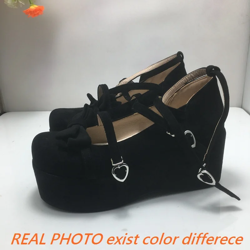 REAVE CAT Lady Pumps Round Toe Wedges Flock Suede Platform Hill 4.5cm Shoes Buckle Strap Bowknot Sweet Daily Big Size 45 46