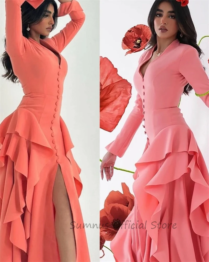 SUMNUS Sexy Pink V Neck Arabia Evening Dresses Button Satin Long Sleeves Dubai Tiered Formal Dress Orange Prom Party Gowns Women