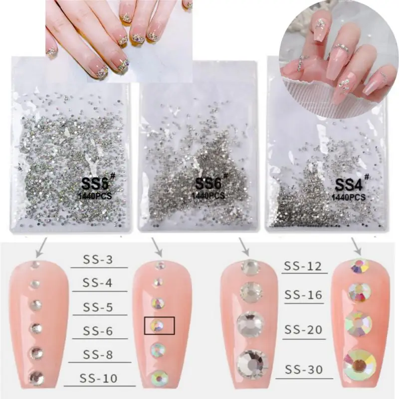 1440pcs 3D Nail AB Rhinestones Nail Clear Golden Back Stones Round SS3-SS6 Crystal Nail Diamond Non HotFix FlatBack Nail Art