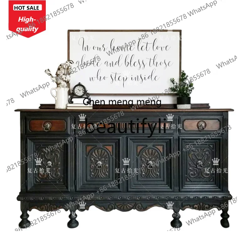 

French Retro Solid Wood Carved Entrance Cabinet Wall-Mounted Storage Decorative Cabinet Black Storage Cabinet