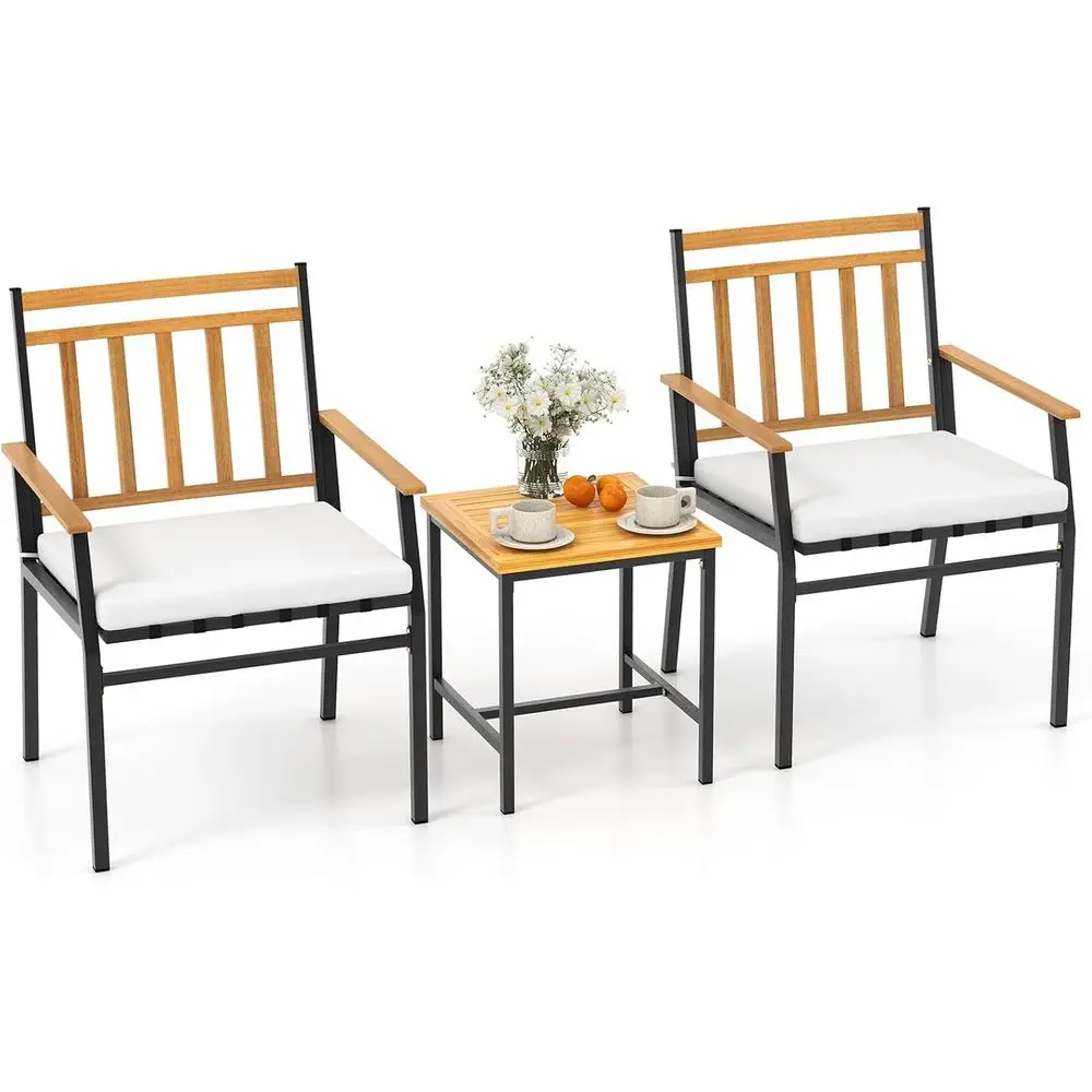 

Acacia Wood 3-Piece Patio Bistro Set with Metal Frame, Cushions for Outdoor Balcony, Porch, Backyard