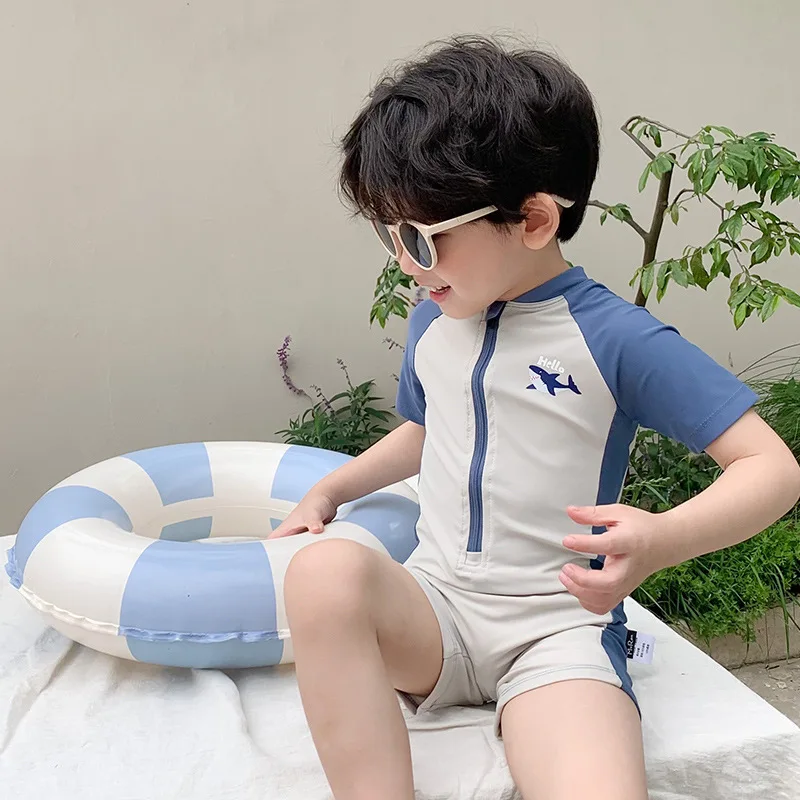 Summer Kids One Piece Swimsuit Baby Boys Short Sleeve Zipper Quick-Dry Cartoon Shark Surfing Suit Swimwear Toddler Bathing Suit