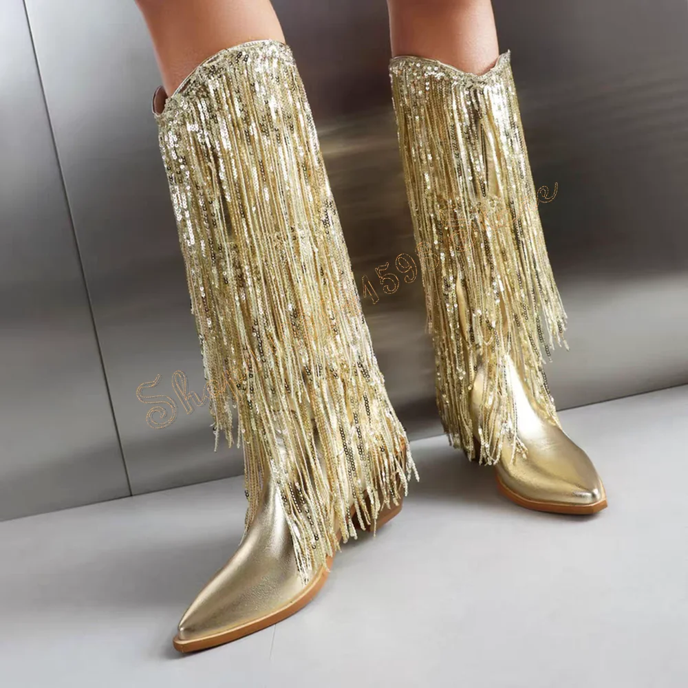 

Sequin Tassel Decor Mid Calf Boots Chunky High Heels Pointed Toe High Heel Shoes for Women Heels 2024 New Zapatos Para Mujere