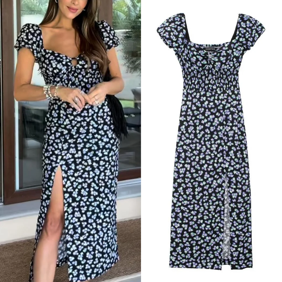 

TRAF flower print slit dress women's casual off-shoulder beach vacation ladies elegant party dress 2024 summer new