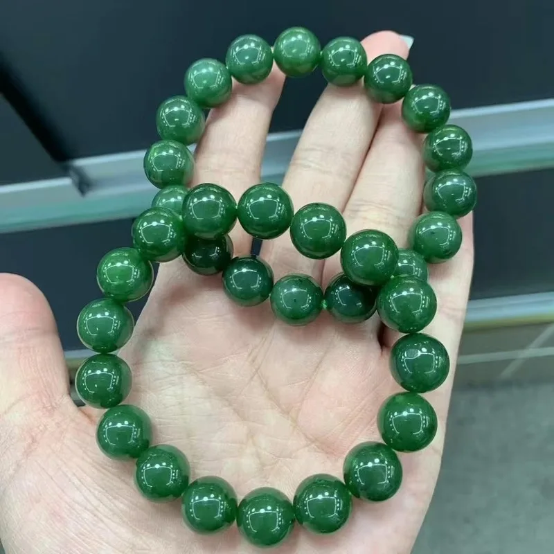 Natural Hotan Spinach Green Round Bead Single Strand Bracelet With Fine Jade Texture