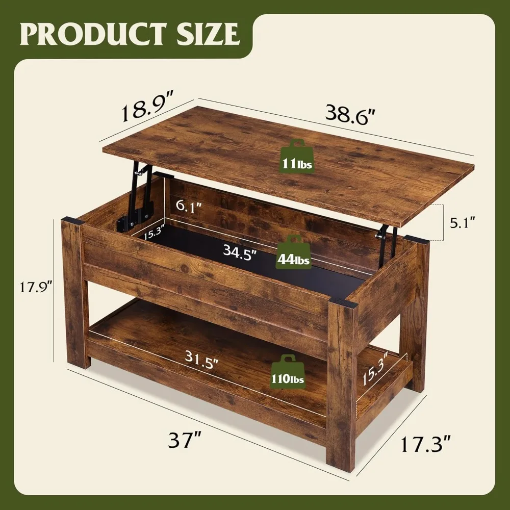 Coffee Table, 39" Lift Top Coffee Table with Hidden Compartment and Storage Shelf for Living Room, Rustic Brown