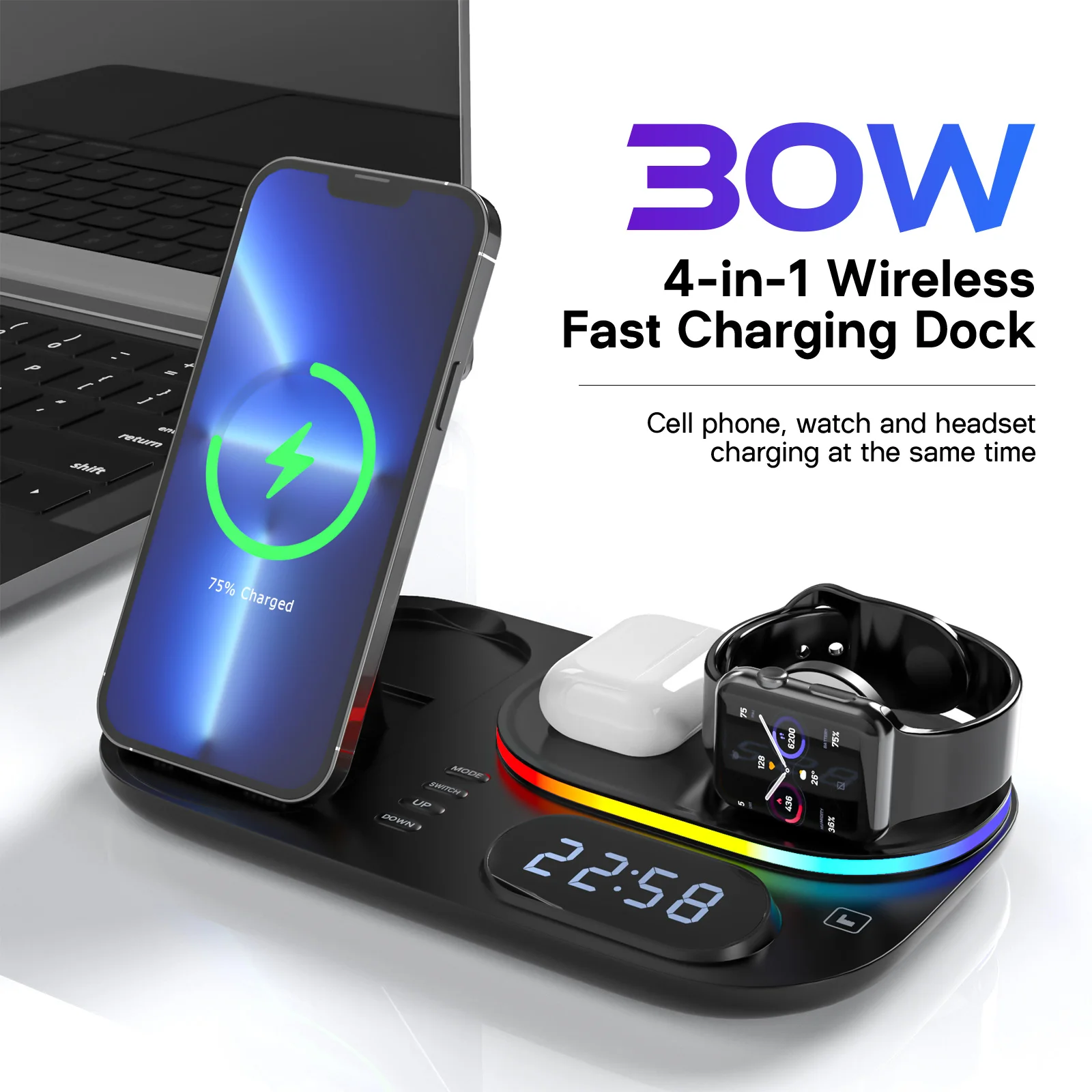 

4 in Wireless Charging Quick Stand Station Triple Dock Living Room 1 for Phone PC