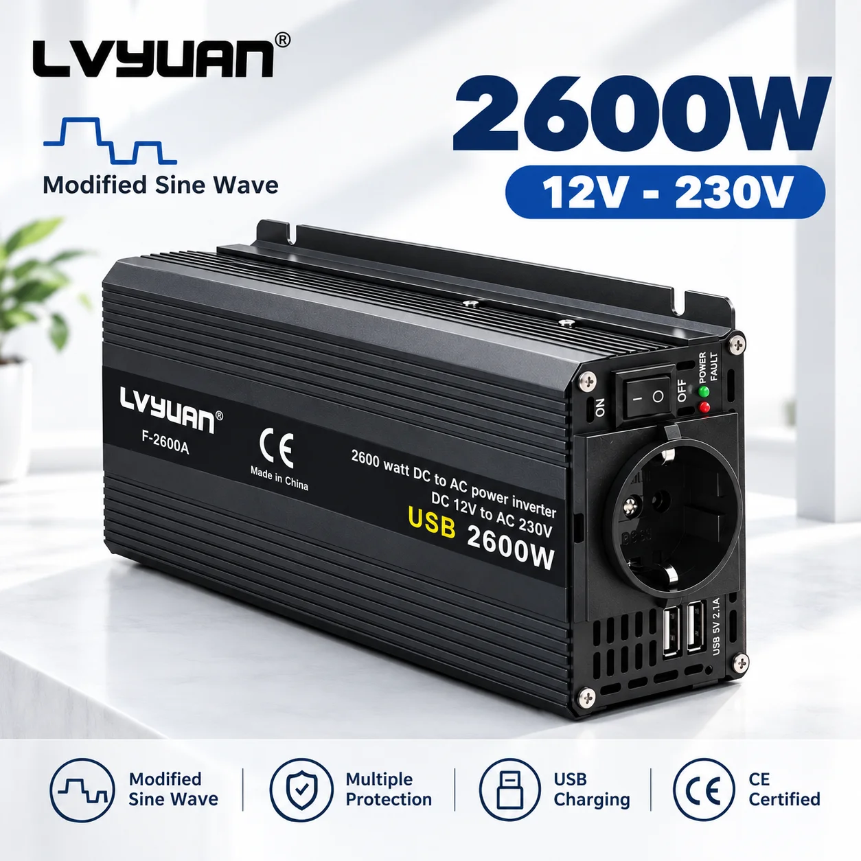 LVYUAN Inverter a Onda Sinusoidale Modificata 2000W 2600W DC12V a AC230V 50Hz Presa EU USB Inverter per Auto per Camper Camion Campeggio Casa