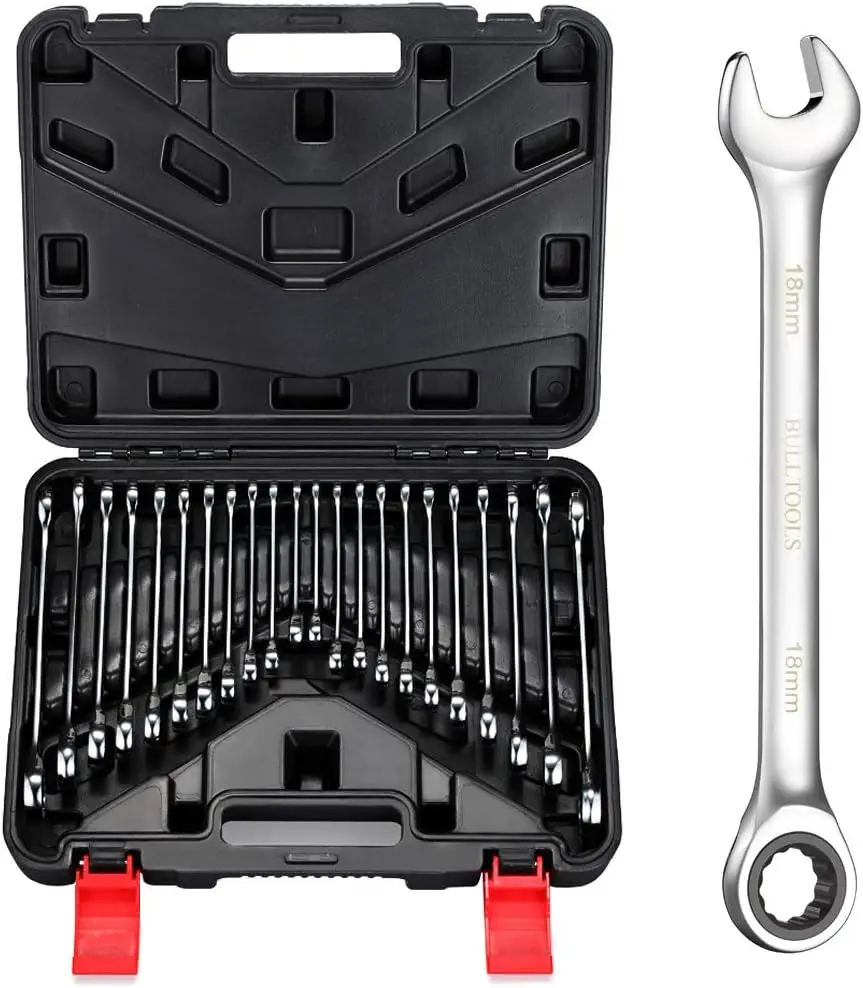 

BULLTOOLS 22-Piece Ratchet Wrenches Chrome Vanadium Steel Ratcheting Wrench Set with Metric and SAE 72-Tooth Box