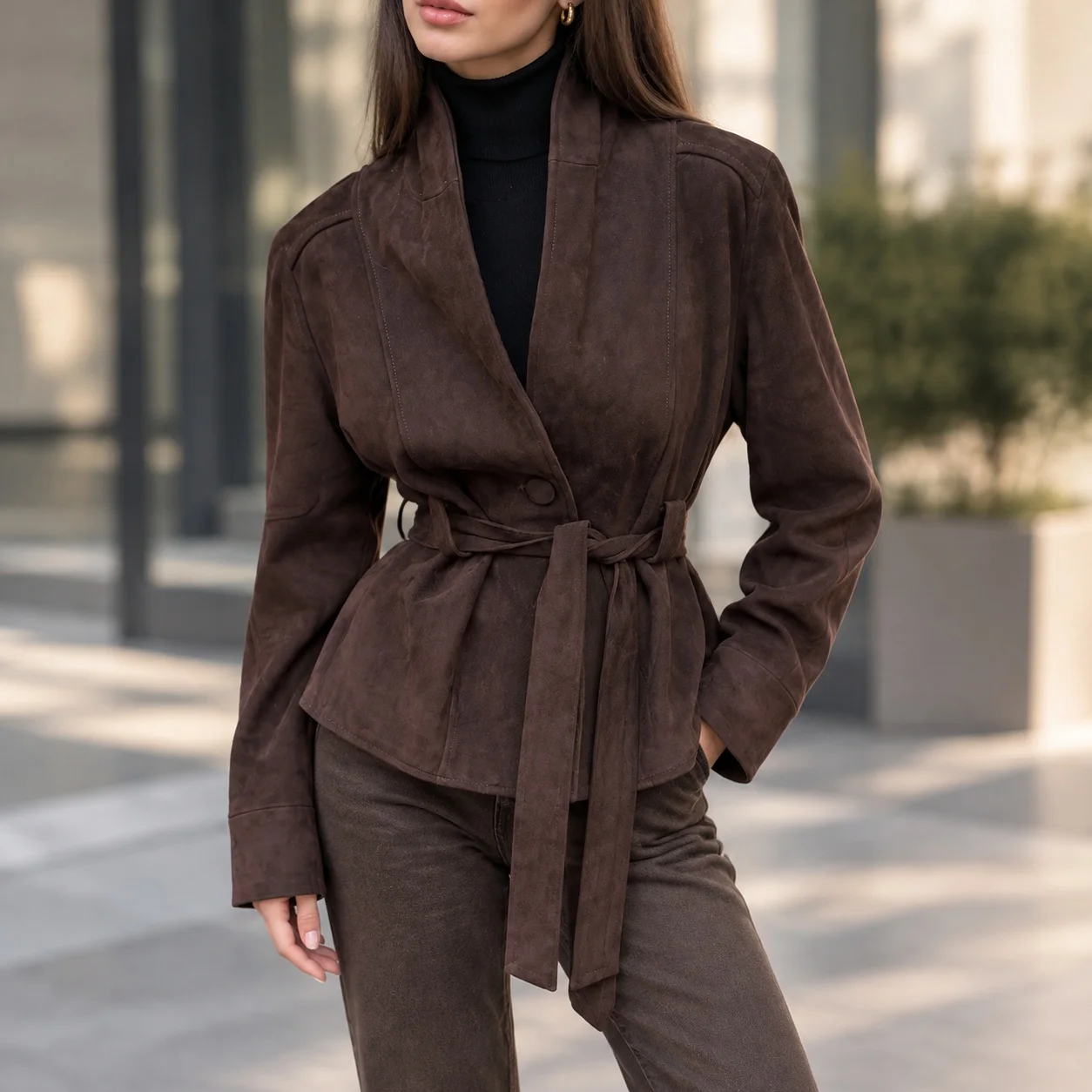 Long Sleeve Slim Fit Belt Elegant with Office Style Elegant Business V Neck Regular Thickness Mid Length Autumn Jacket Women