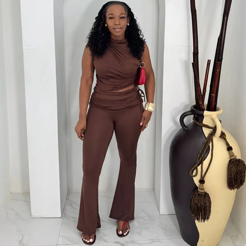 

Doyerl Two Piece Set Woman Summer Clothing Ruched Sleeveless O-neck Crop Top and Drawstring Waist Flare Pants Matching Sets