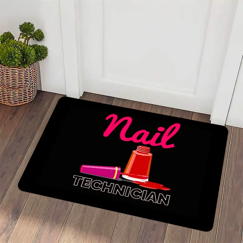 Nail Technician Doormat – Black, “Nail” in Pink Script + Polish Bottle Graphic, Flannel, Non-Slip, Indoor Use Only