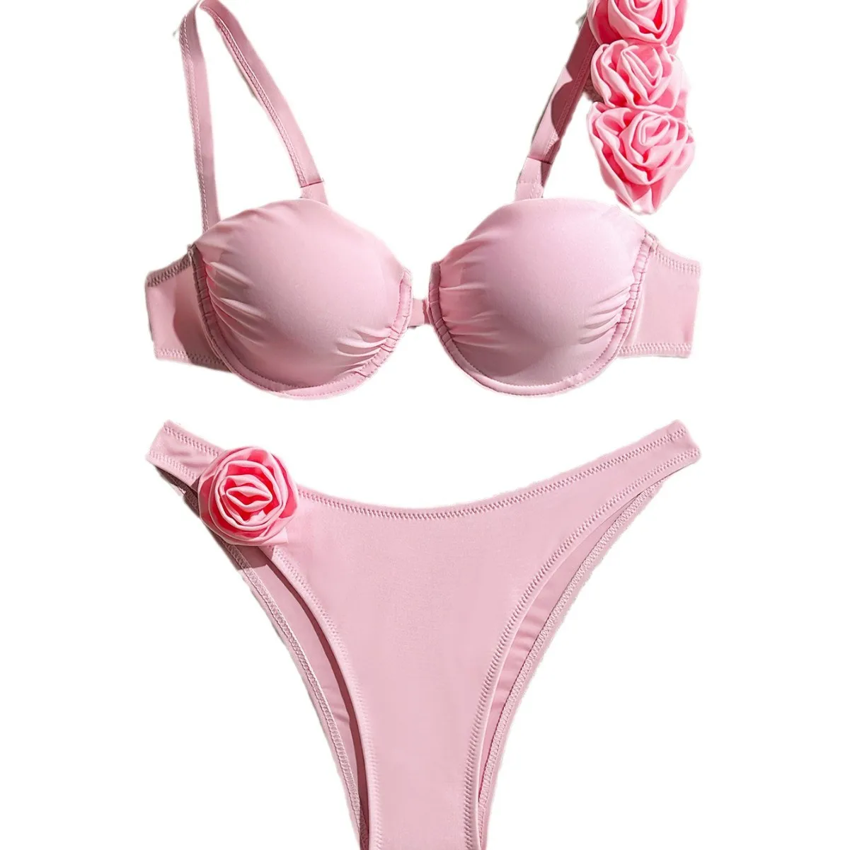 New European and American Sexy Solid Color Flowers Steel Support Gathering Women's Ins Bikini