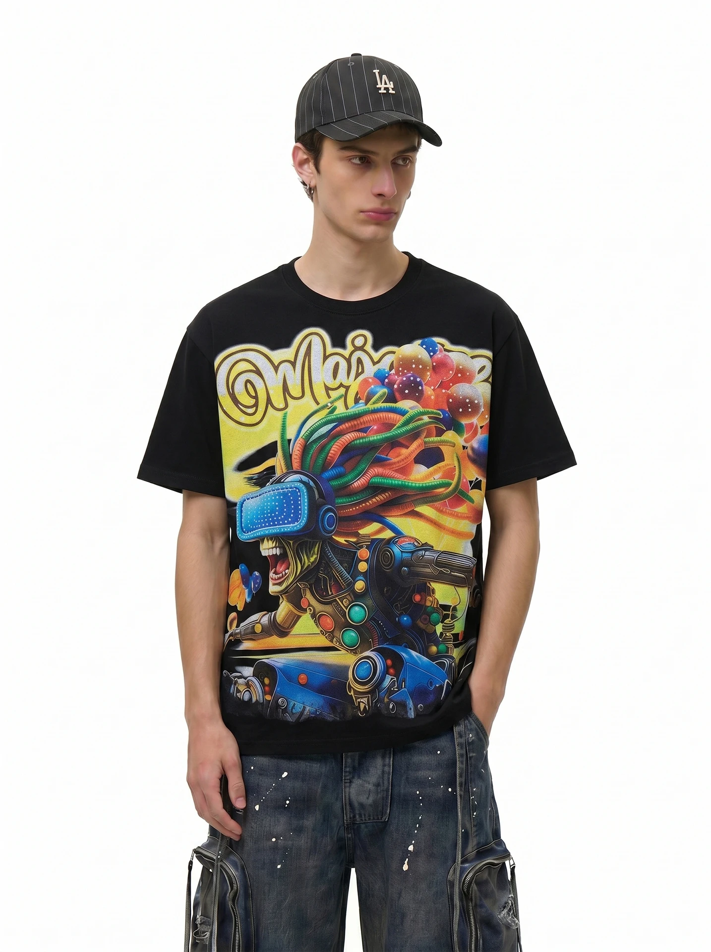 

BETEBULE American High Street Design Printed Rhinestone Short Sleeve Men's T-shirt Summer Trendy Loose Half Sleeve Top