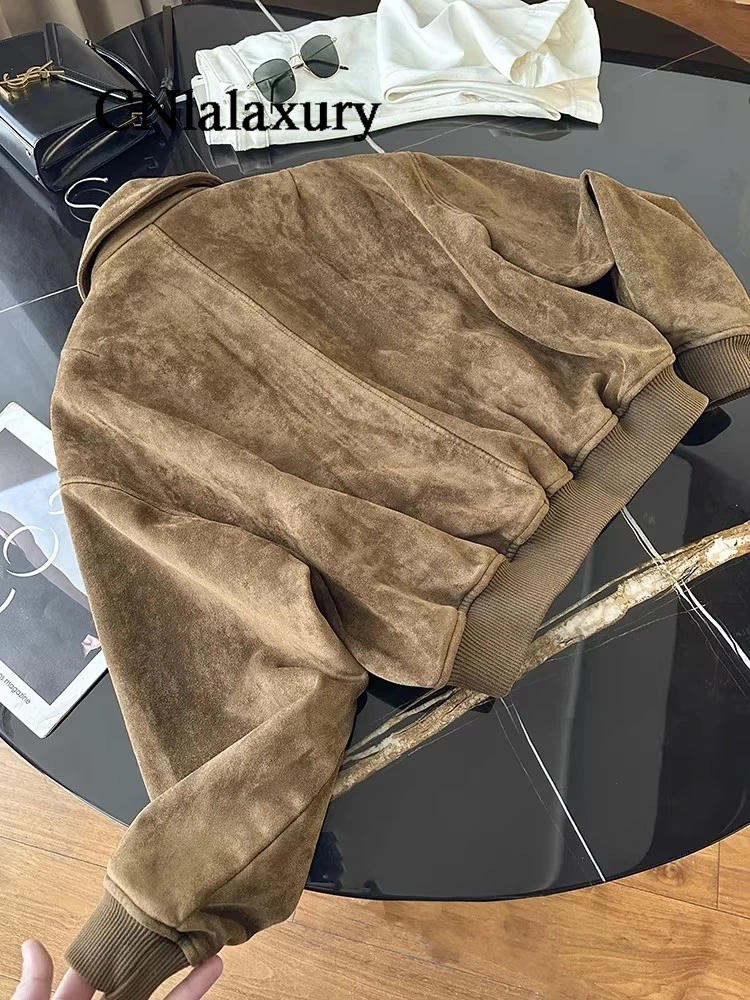 Women's Suede Leather Moto Jacket - Relaxed Fit Spring Coat