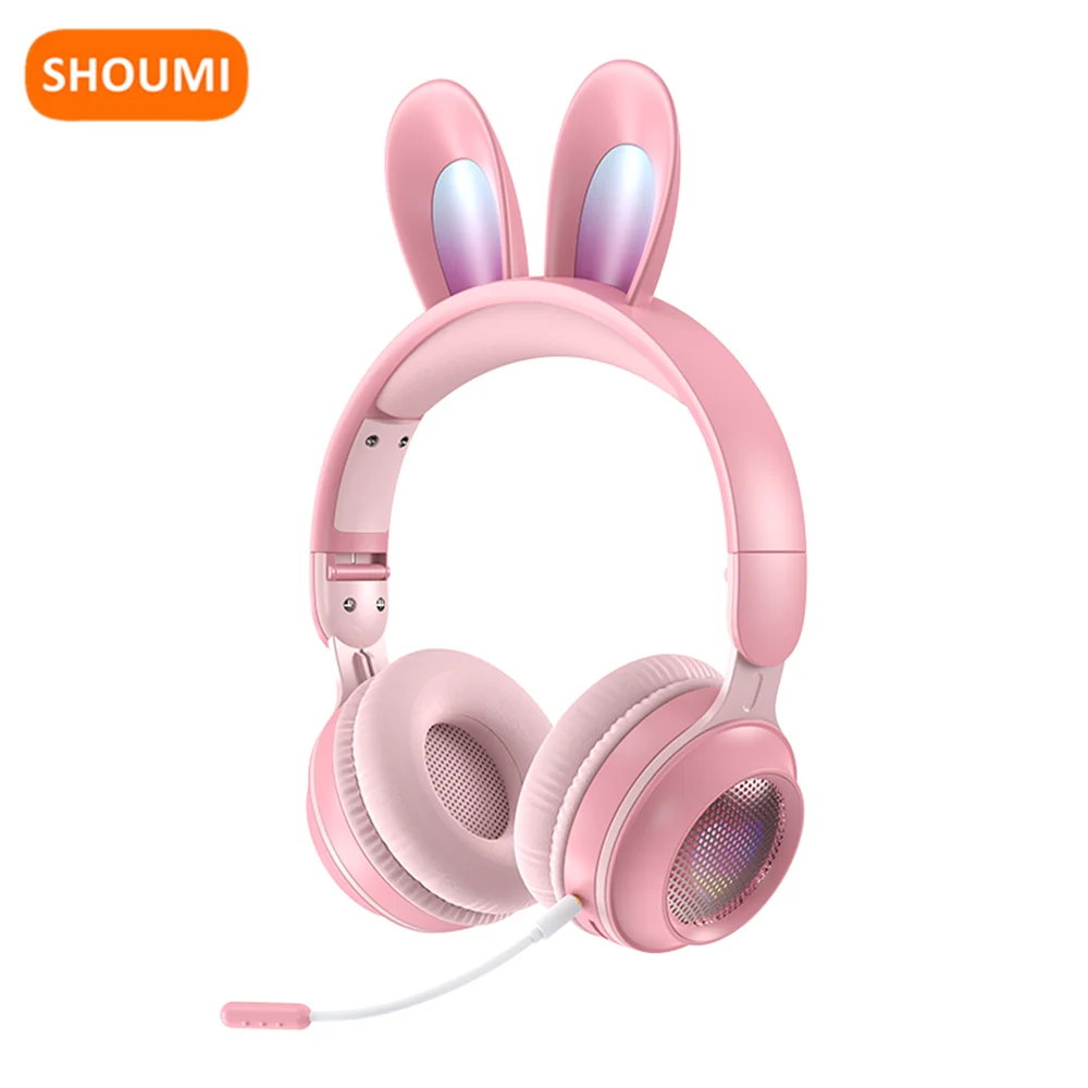 Wireless Headphones Rabbit Ear LED Gaming Earphone 360 Rotateable Microphone Girl's Game Bluetooth Headset with RGB Flashing LED