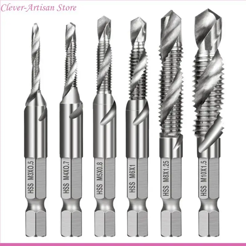 E06B 6pcs M3-M10 Tornillo tornillo Bits HSS Taps Counterink Desburr Set Metric Combination Bit 1/4 pulgadas Cambio rápido