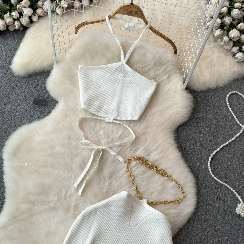 ถัก 2 ชิ้นชุดผู้หญิงชุดกระโปรงเซ็กซี่ Slim Crop Tops ยาวแยกชุดกระโปรง Halter Camis กับกระโปรงแฟชั่นใหม่