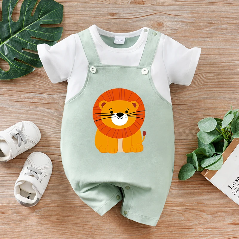 

Летний комбинезон из 2 предметов с короткими рукавами для новорожденных, милый комбинезон с рисунком льва, мягкий и удобный комбинезон с круглым вырезом