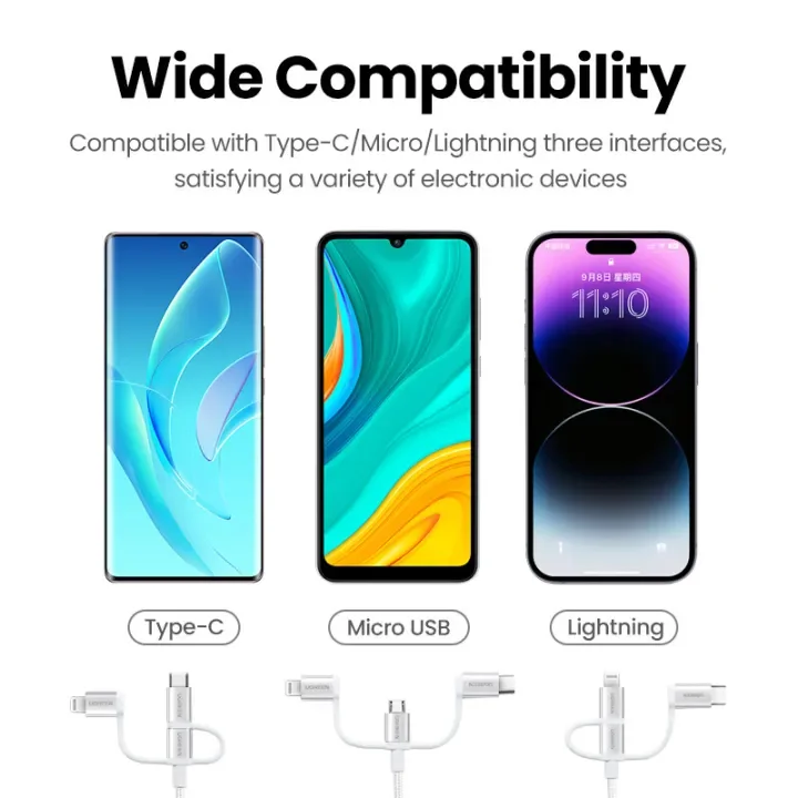 UGREEN 3 in 1 Fast Charging USB Cord With Type-C Mirco USB Lighting   Cable MFi Nylon Braid for Phone 14 13 Pro Max