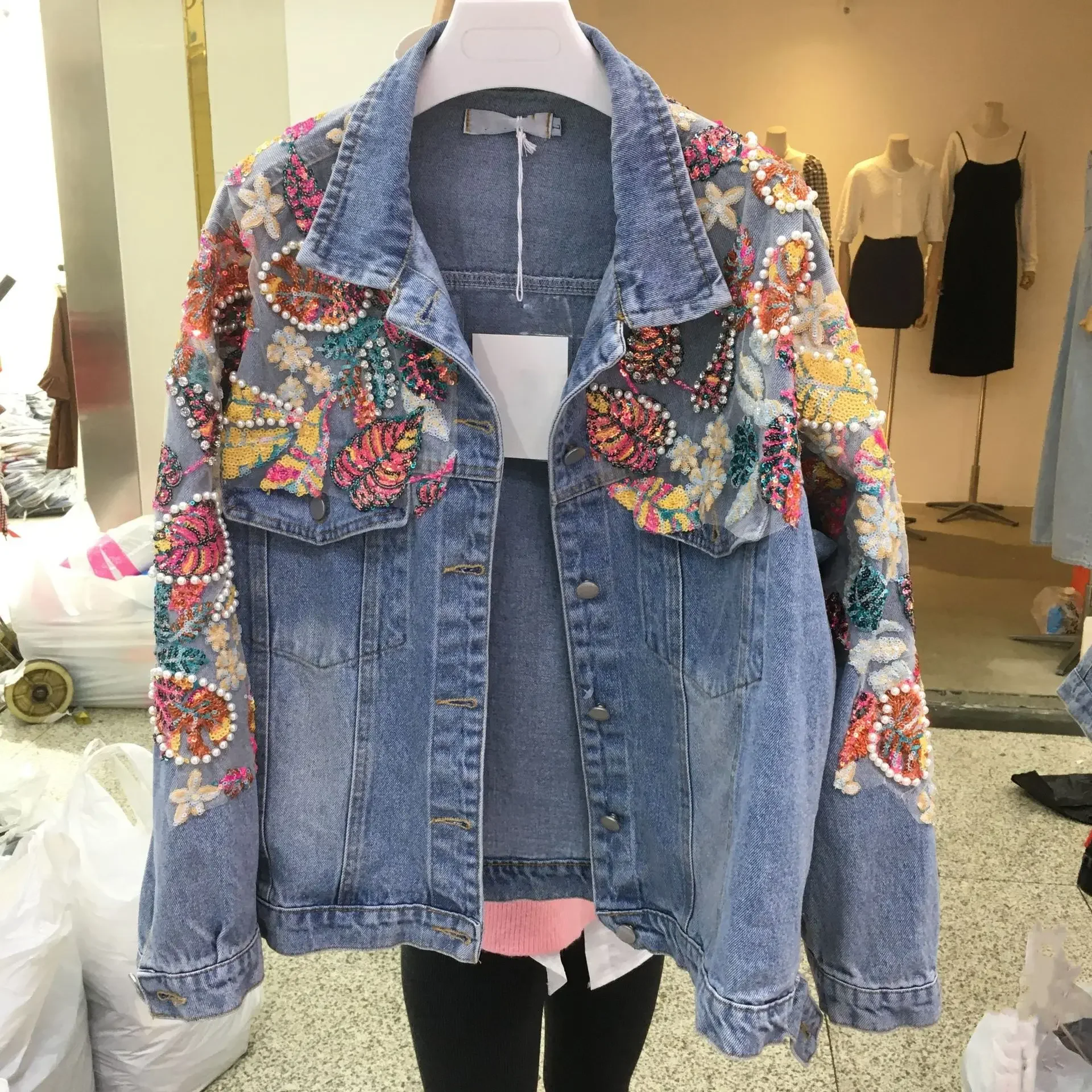 Luxury Spring Fall Women Diamonds Beads Colorful Denim Bomber Sequins Jacket Loose Floral Embroidery Jeans Coat Streetwear Tops