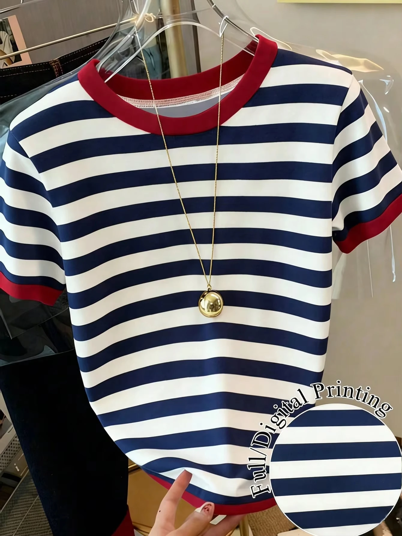 2026 Y2K Women Cotton Feel Striped Crew Neck T-Shirt Women Casual Short Sleeve Tee Soft Comfy Basic Top