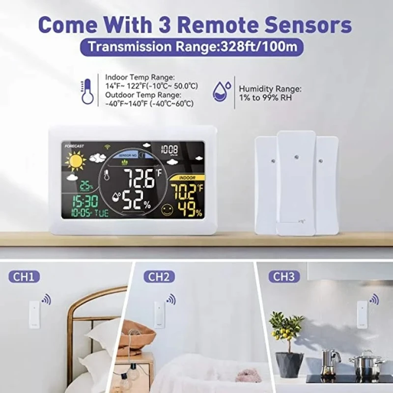 WiFi Weather Station 3 Sensors Smart App Controlled Weather Stations Wireless Indoor Outdoor Thermometer Large Display