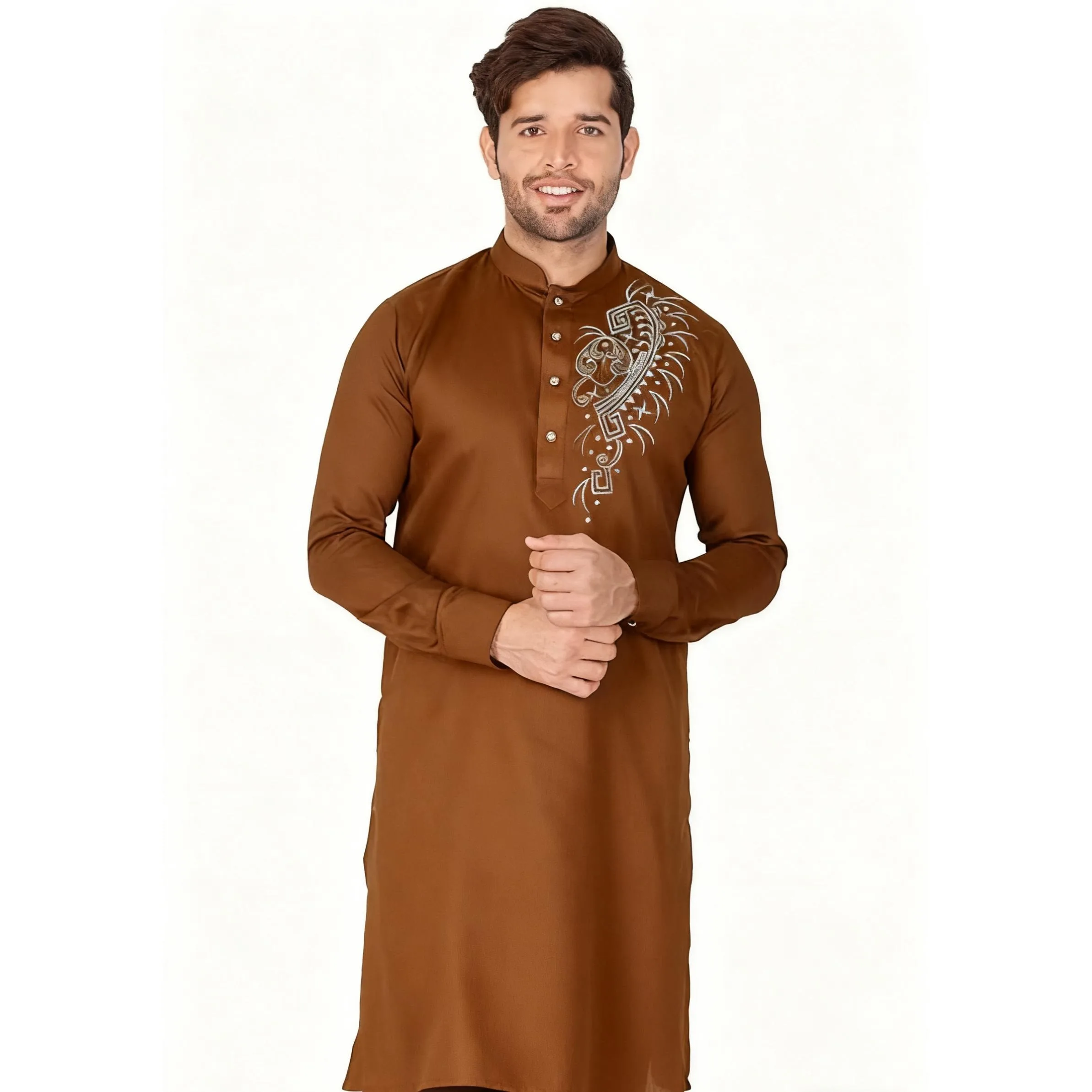 رداء رجالي من الشرق الأوسط مطبوع عليه عرقية وياقة واقفة قميص شبابي متوسط الطول معطف فاخر غير رسمي 2026 نمط وطني مسلم