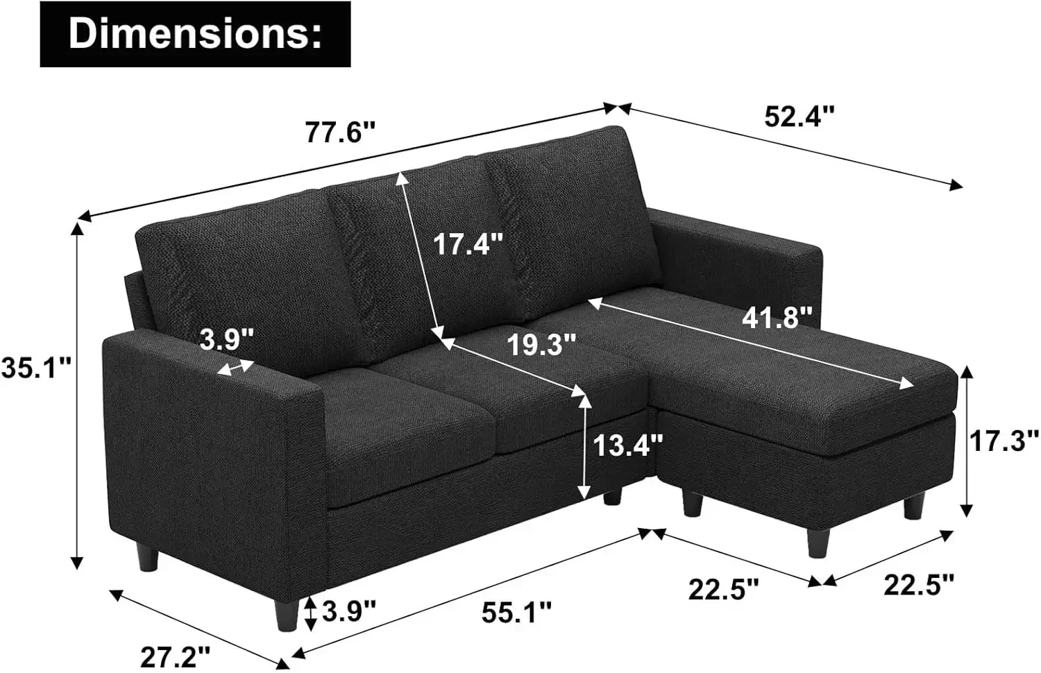 L Shaped Couch, Convertible Sectional Sofa with Linen Fabric,Modern Couch with Reversible Chaise for Living Room and Small Space