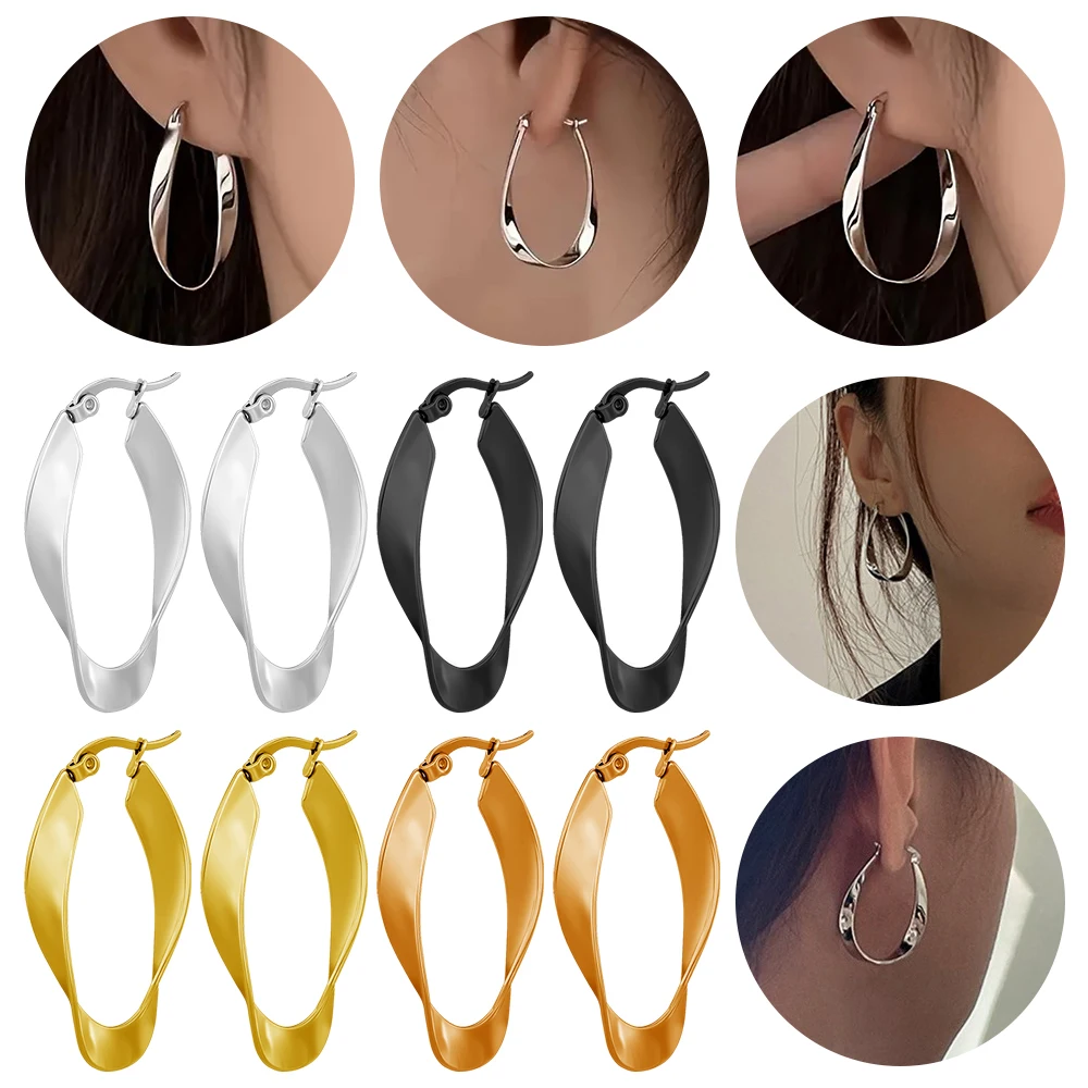 Stainless steel earrings European and American fashion personality flat twisted ear ring smooth Mobius ring ear buckle wholesale