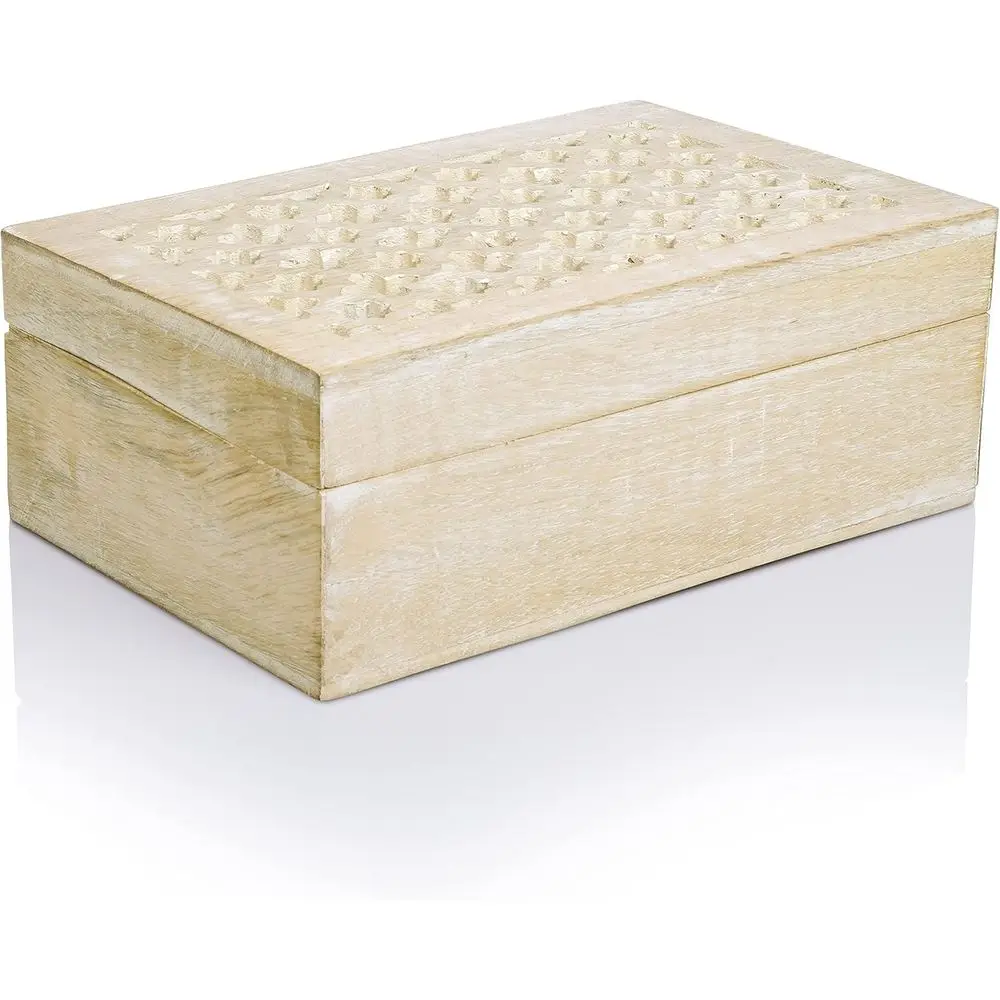Large Whitewashed Mango Wood Memory Box with Hinged Lid - 9x6x3.5 Inches for Photos & Keepsakes