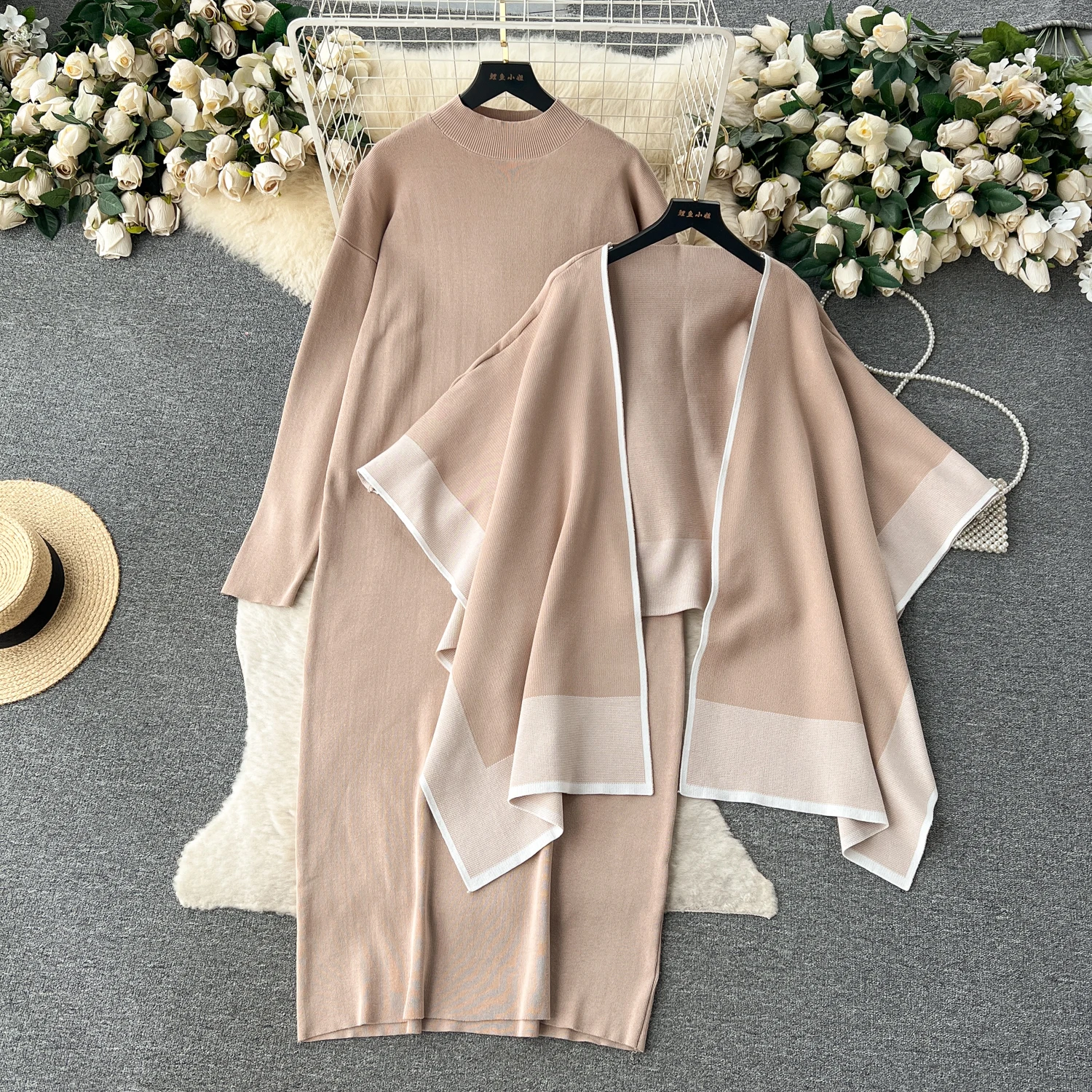 

Autumn and Winter New Fashion Versatile Casual Set with Cloak Knitted Cardigan Shawl Coat+Loose Round Neck Dress Two Piece Sets