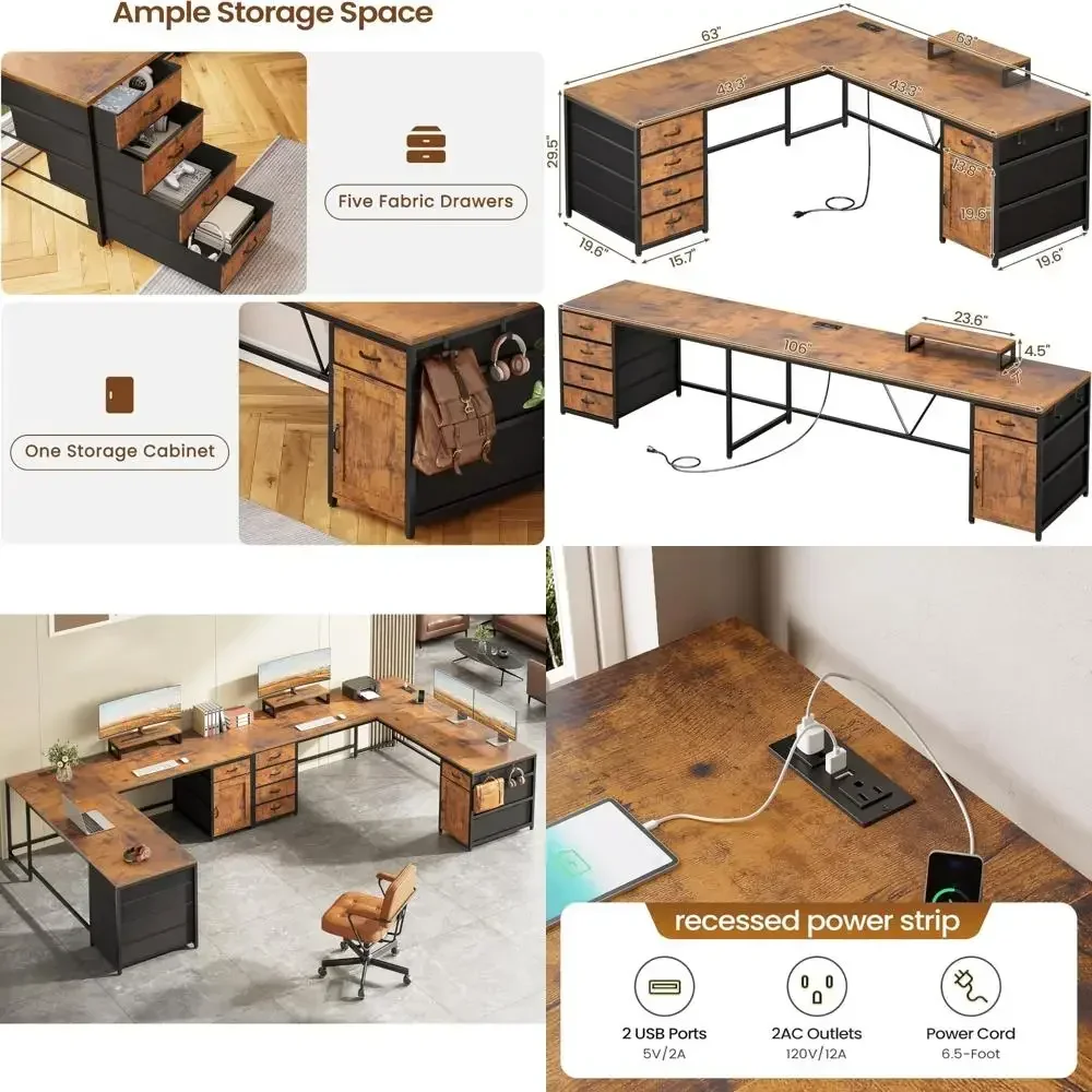 

Бестселлер: 63-дюймовый L-образный офисный стол с 5 ящиками и встроенной розеткой для домашних рабочих мест