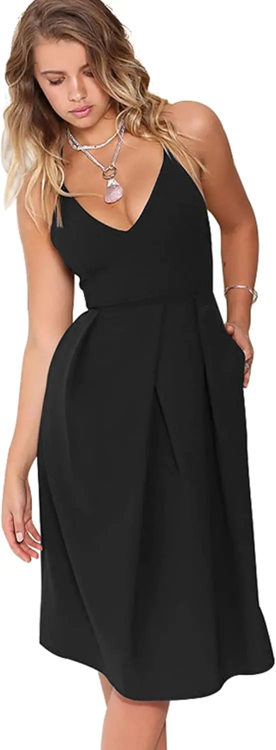 

Deep V-neck Adjustable Slim Shoulder Strap Evening Dress, Sexy Backless， Cocktail Party Dance Elegant Formal Dress， with Pockets