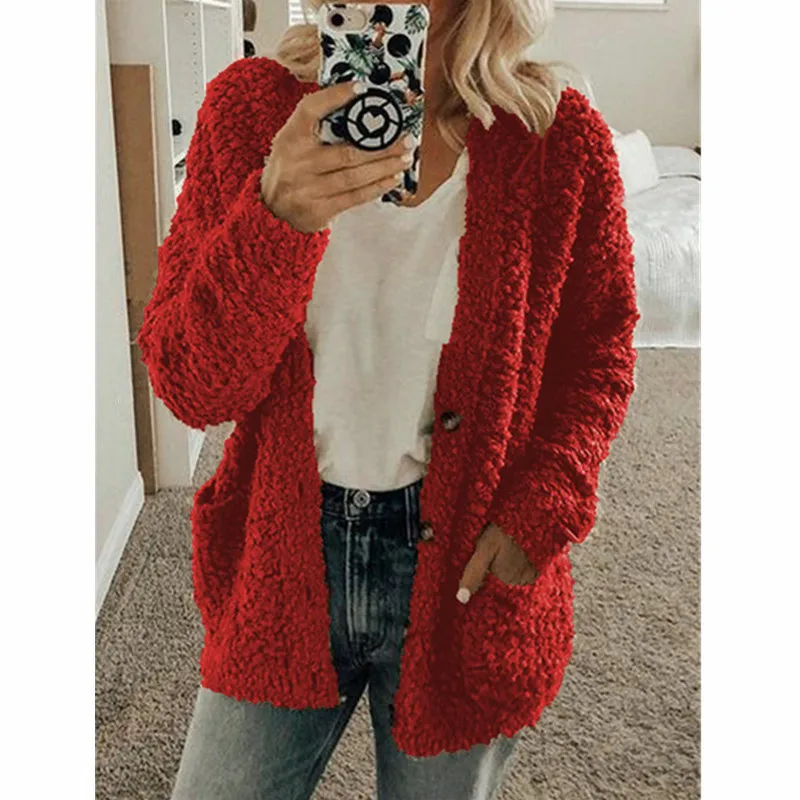 2023 Autumn/Winter Women\'s Fashion Casual Sweater Coat Pocket Solid Plush Top