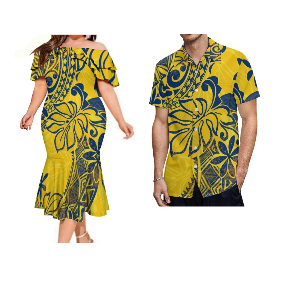 

Elegant And Stylish Women'S Off-The-Shoulder Sexy Dress With Hawaiian Men'S Shirt Customized Polynesian Tribal Print Couple Suit