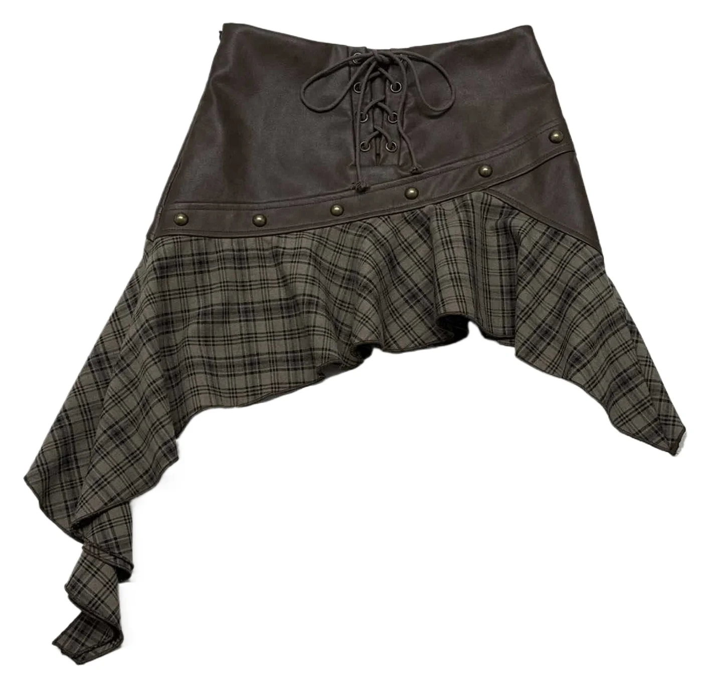 

Autumn New Women's Pu Leather Splicing Plaid Irregular Skirt Spice Girl Strap Short Skirt