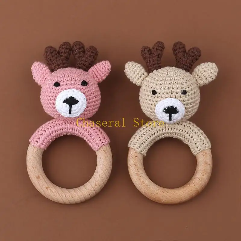 E7CE Wooden Teether Ring Grip Soft Crochet Deer Design Baby Boys and Girls Toddlers' Teething Needs.
