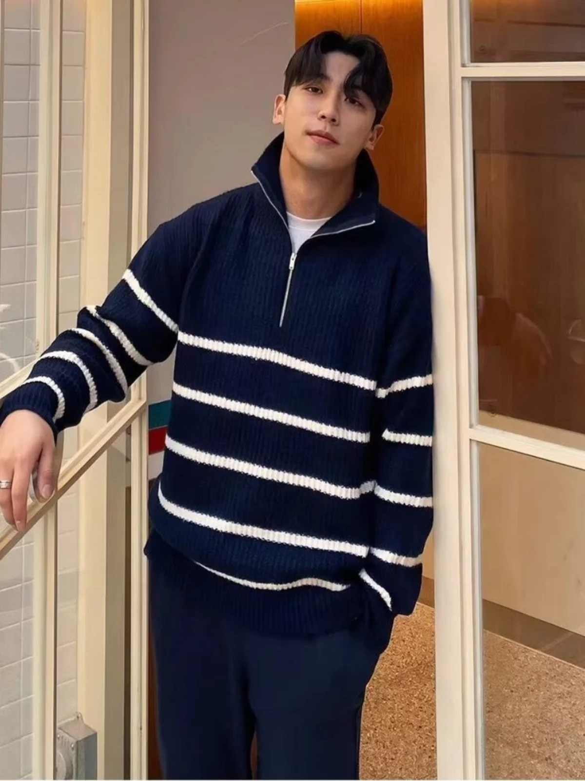 Japońska dzianina w paski, męski sweter z zamkiem błyskawicznym, golf, płaszcz, styl Sea Soul, luźny krój casualowy.