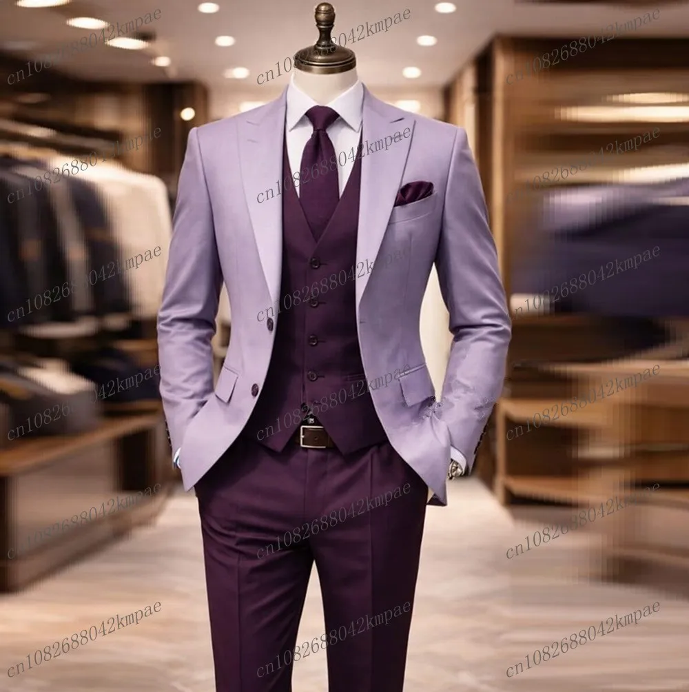 

Lavend And Purple New Men Suit Formal Groom Groomsman Wedding Party Prom Business Male Tuxedos 3 Piece Set Blazer Vest Pants