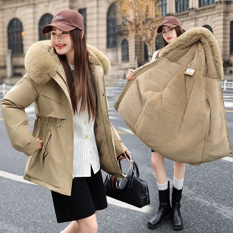 

Woman's Parkas New Medium Long Winter Jackets Big Fur Collar Korean Version Velvet Padded Cotton Padded Coat Loose Work Jackets