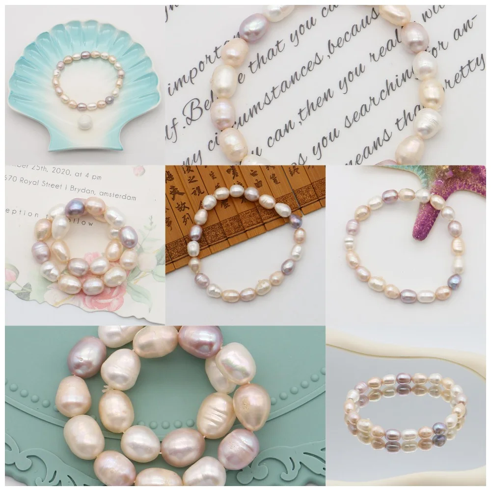 Exquisito pulsera de perlas de arroz irregulares empalmadas de colores mezclados de agua dulce Natural, cuentas de Agujero Recto, accesorio de joyería, regalo DIY