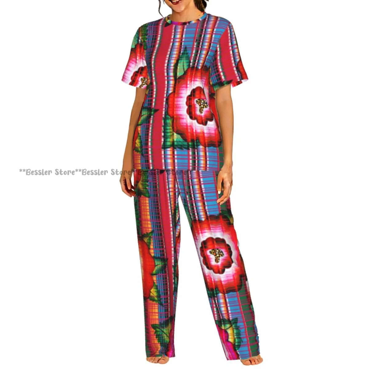

Women's 2-piece set Mexican Floral Embroidery Pattern Pajamas Short sleeved Top and Pants Sleepwear