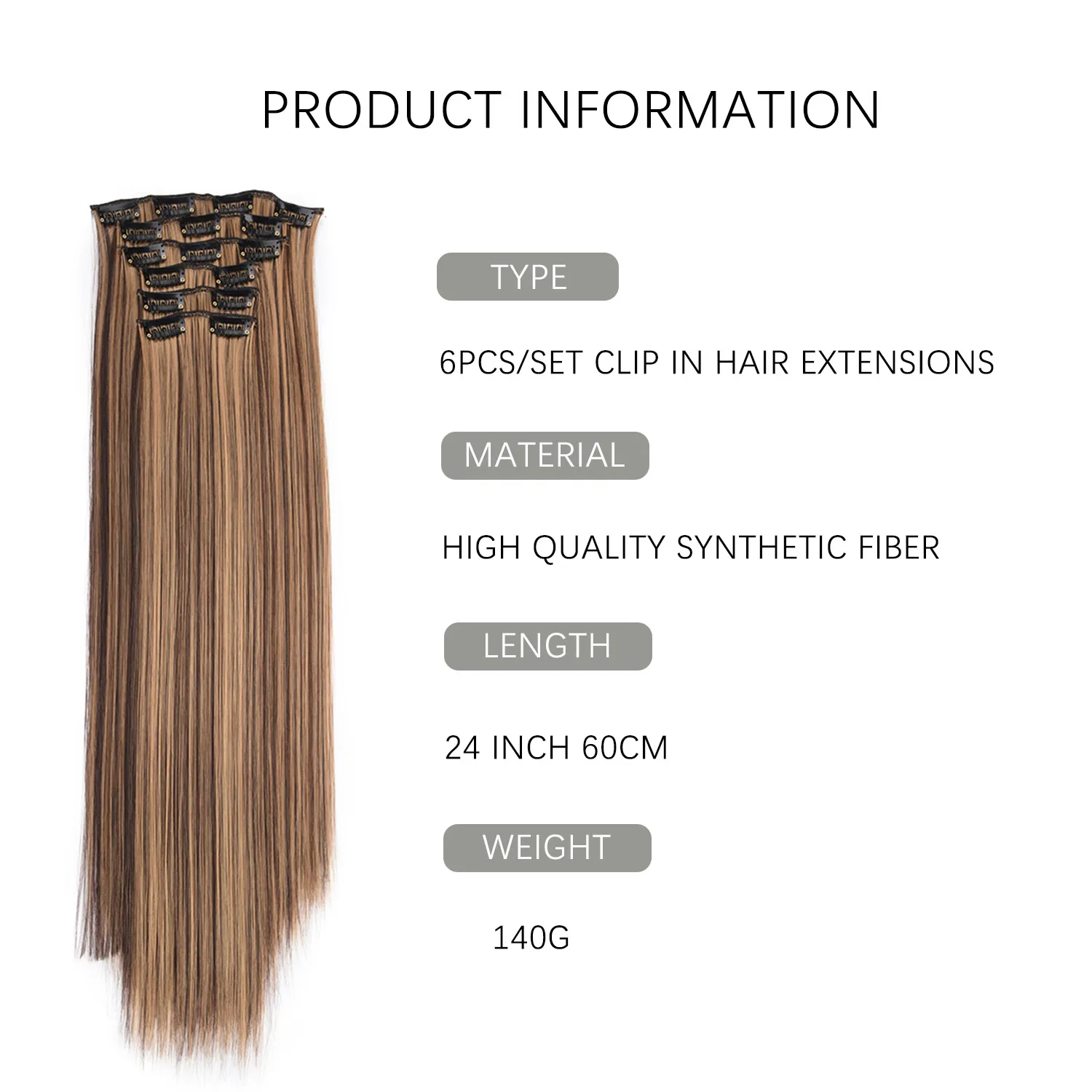 Synthetic Clip In Hair Extensions 6PCS Hair Extensions 24 Inch Long Straight 16 Clip On Hairpieces For Women Girls