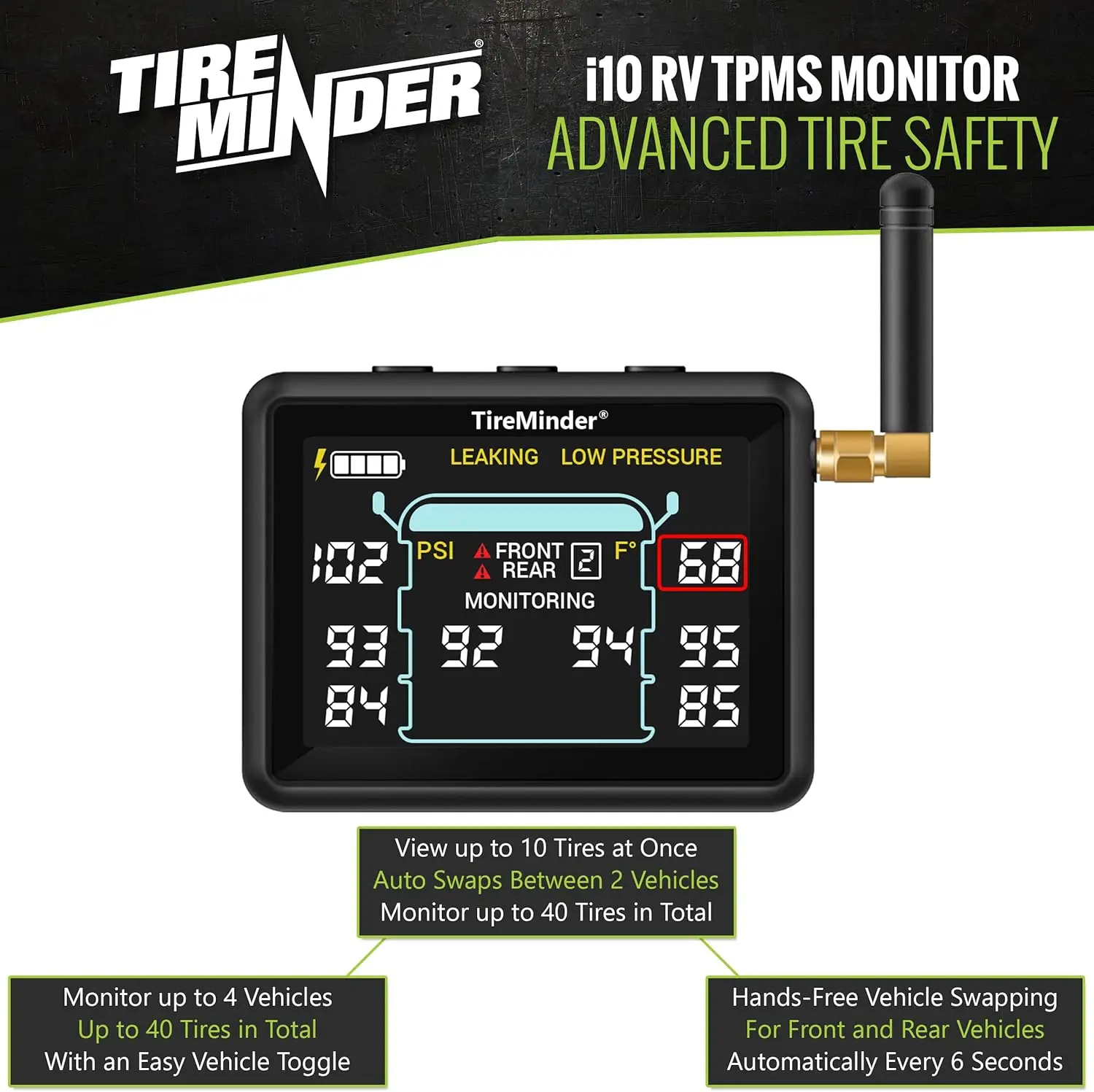 TireMinder i10 RV TPMS with 4 Flow Through Transmitters, Black