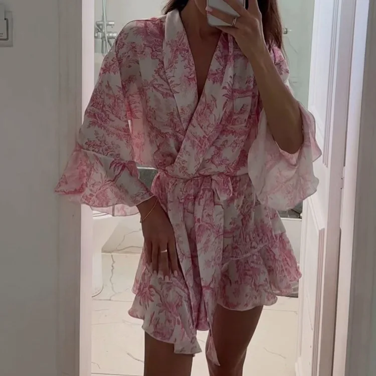 

Robe Maje Casual Loose Print Women's Dress 2024 Fashion V-Neck Long Sleeve Mini Dresses Elegant Lace-Up Pleated Female Dress