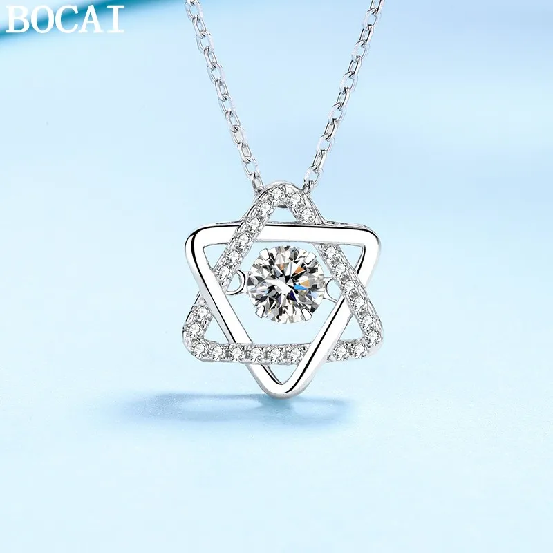 BOCAI S925 Pure Silver Dynamic Temperament Inlaid With 50 Cent Moissanite Hexagram Star Necklace Pendant