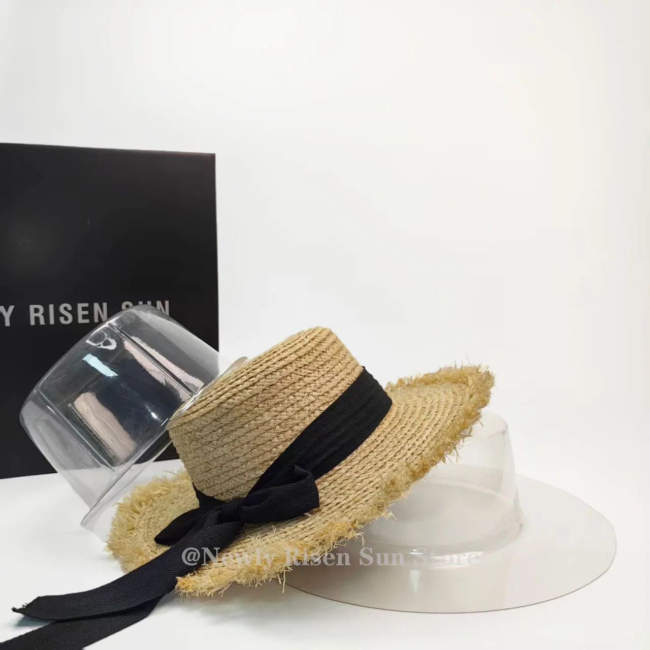 

New Arrival Spring Summer Beach Raffia Straw Hat, Cute Bow Flat Top Wide Brim Sunhat UV Protection