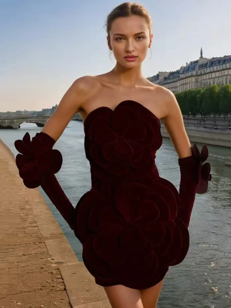 Designer driedimensionale applique strapless jurk 2025, lente damesmode feestjurk, sexy strakke wikkel heuprok + mouwen